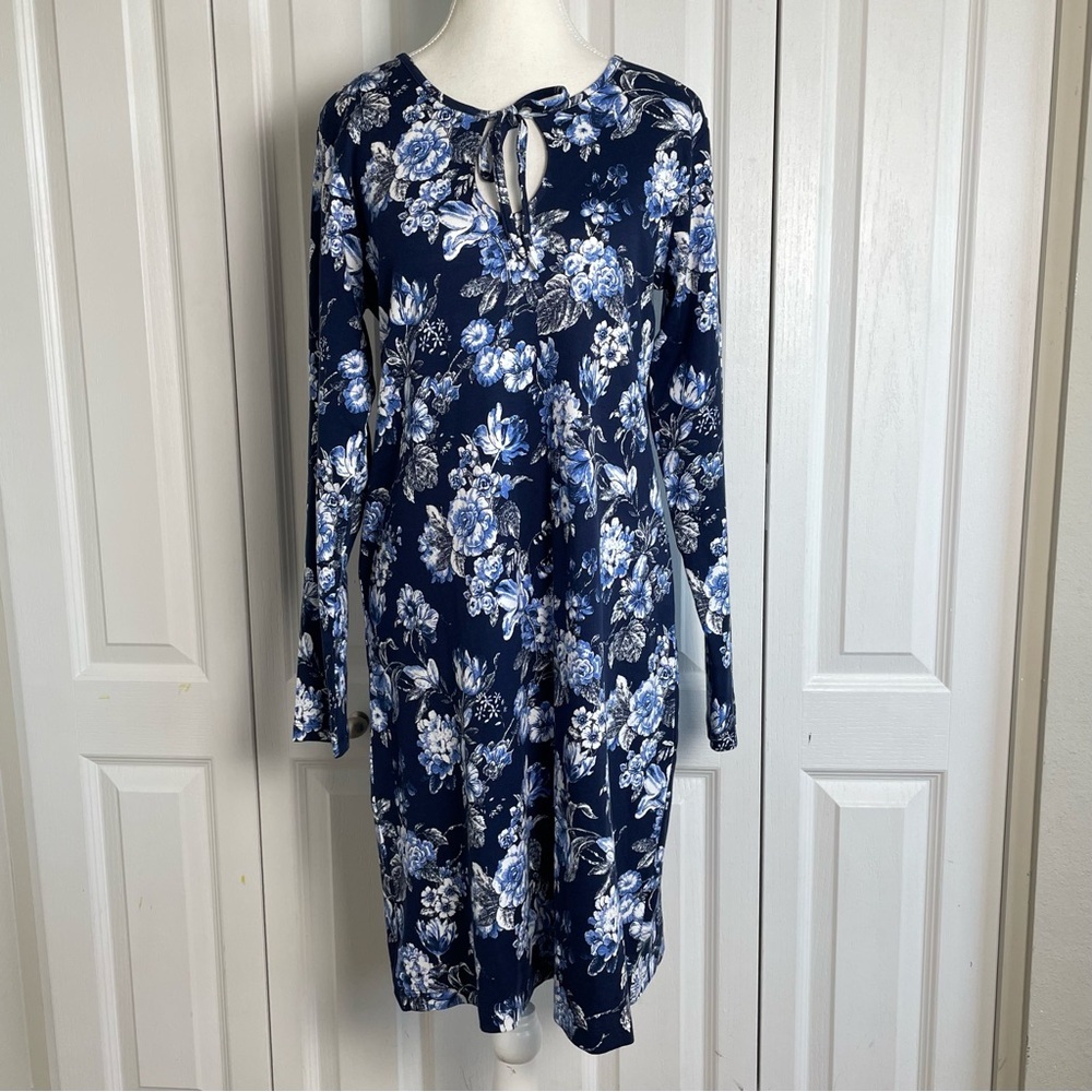 Lands’ End Cotton Interlock Long Sleeve Above Knee Nightgown Blue Floral, Small - Picture 2 of 15
